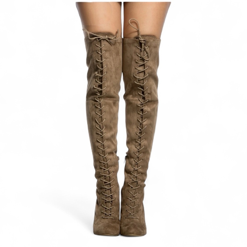 WILD DIVA Faux Suede Lace Up Front Over the Knee Heeled Boots Size 7 Brown